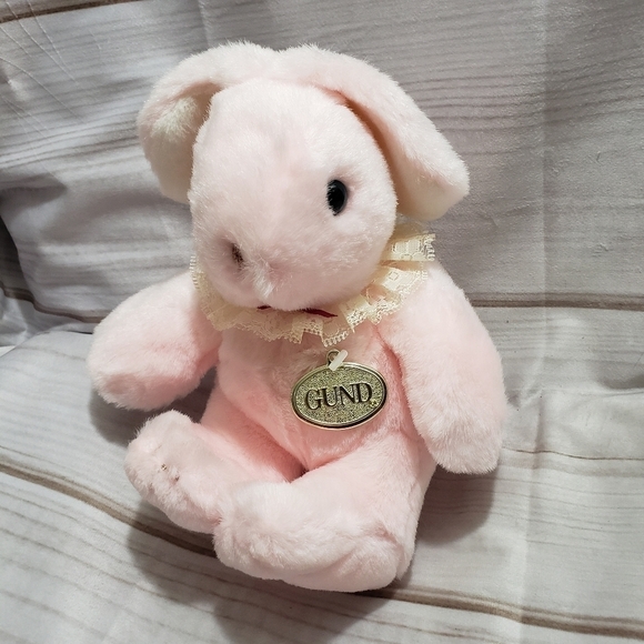 Gund Pink Bunny Rabbit Plush Tubbi Bunn 7" Year 1990 Lace Collar Blue Eyes Vtg - Picture 1 of 10